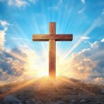 wooden-cross-on-a-hilltop-with-radiant-sunbeams-shining-through-clouds-at-dawn-photo